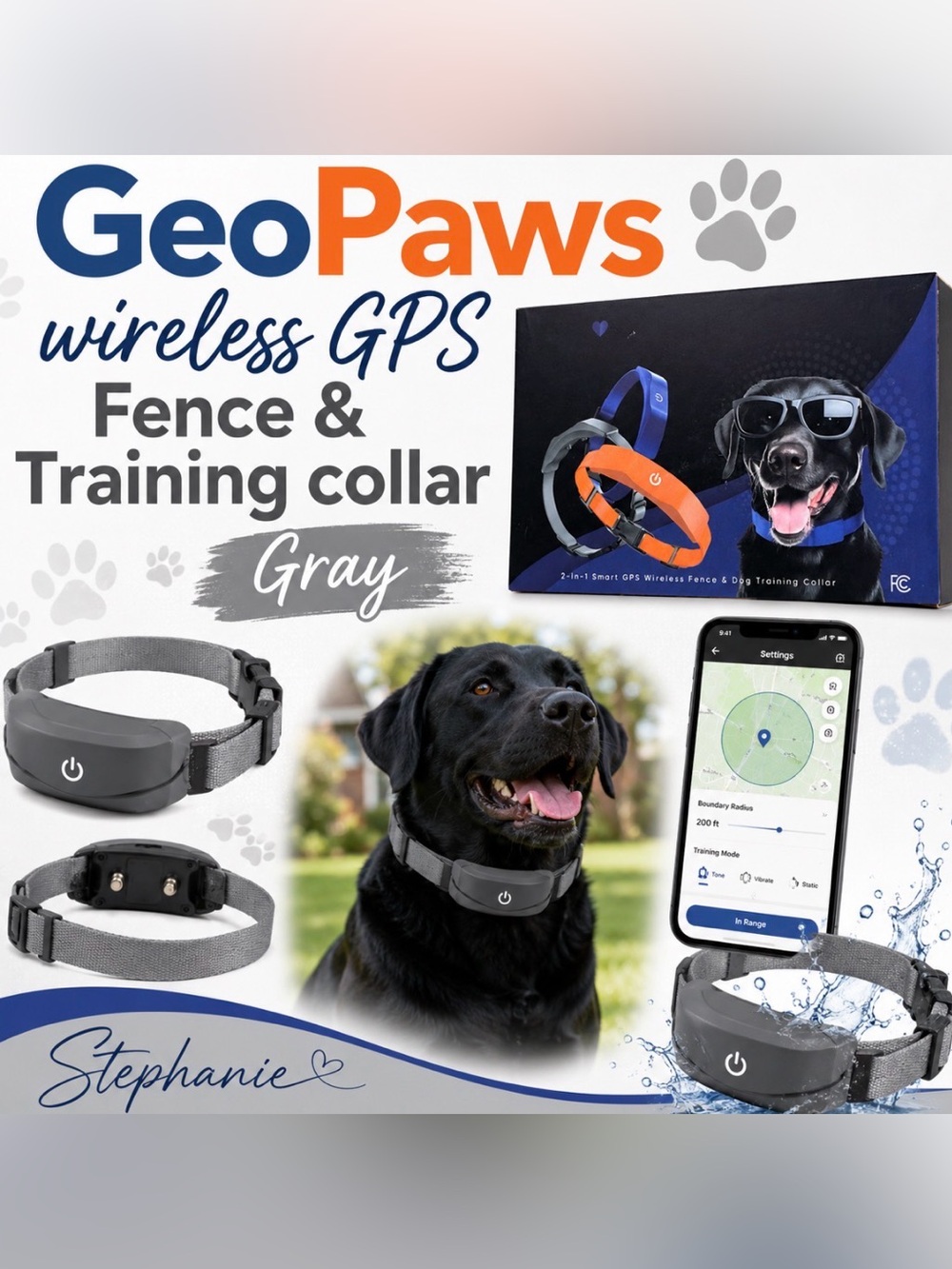 New GeoPaws 2-in 1 Smart GPS Wireless Dog Fence Training Collar Waterproof Gray